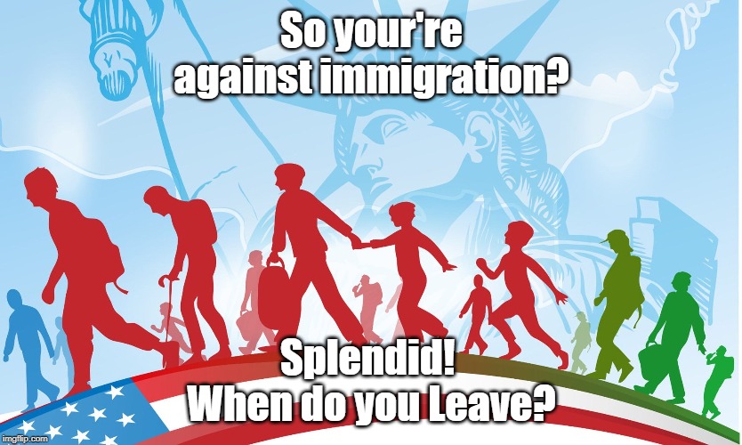 immigration | So your're against immigration? Splendid! 
When do you Leave? | image tagged in politics | made w/ Imgflip meme maker