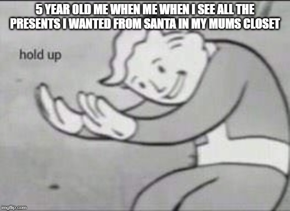Fallout Hold Up | 5 YEAR OLD ME WHEN ME WHEN I SEE ALL THE PRESENTS I WANTED FROM SANTA IN MY MUMS CLOSET | image tagged in fallout hold up | made w/ Imgflip meme maker