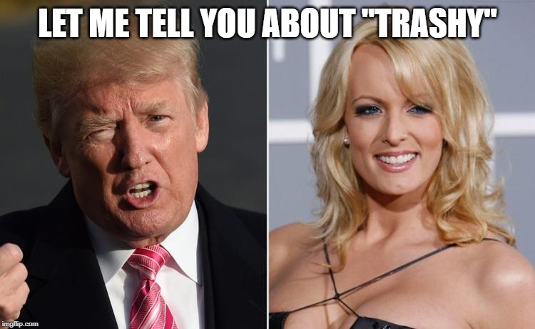 Trump Stormy Daniels | LET ME TELL YOU ABOUT "TRASHY" | image tagged in trump stormy daniels | made w/ Imgflip meme maker