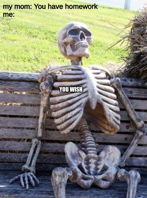 Waiting Skeleton | my mom: You have homework
me:; YOU WISH | image tagged in memes,waiting skeleton | made w/ Imgflip meme maker