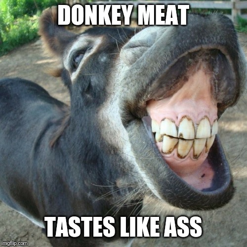 DONKEY MEAT; TASTES LIKE ASS | image tagged in funny | made w/ Imgflip meme maker