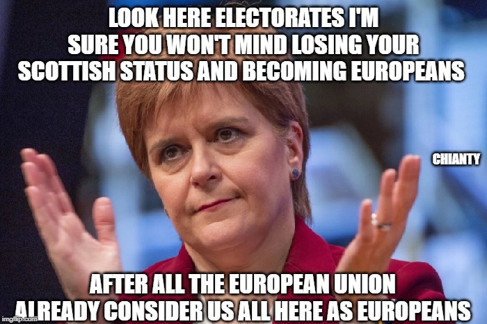 Scottish | LOOK HERE ELECTORATES I'M SURE YOU WON'T MIND LOSING YOUR SCOTTISH STATUS AND BECOMING EUROPEANS; CHIANTY; AFTER ALL THE EUROPEAN UNION ALREADY CONSIDER US ALL HERE AS EUROPEANS | image tagged in european | made w/ Imgflip meme maker