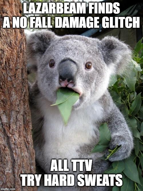 Surprised Koala | LAZARBEAM FINDS A NO FALL DAMAGE GLITCH; ALL TTV TRY HARD SWEATS | image tagged in memes,surprised koala | made w/ Imgflip meme maker