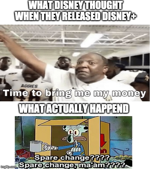 Blank White Template | WHAT DISNEY THOUGHT WHEN THEY RELEASED DISNEY+; WHAT ACTUALLY HAPPEND | image tagged in time to bring me my money,disney plus,funny,memes | made w/ Imgflip meme maker