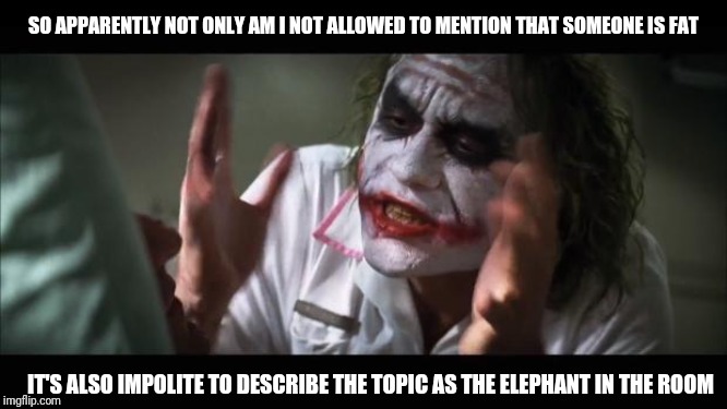 And everybody loses their minds | SO APPARENTLY NOT ONLY AM I NOT ALLOWED TO MENTION THAT SOMEONE IS FAT; IT'S ALSO IMPOLITE TO DESCRIBE THE TOPIC AS THE ELEPHANT IN THE ROOM | image tagged in memes,and everybody loses their minds | made w/ Imgflip meme maker