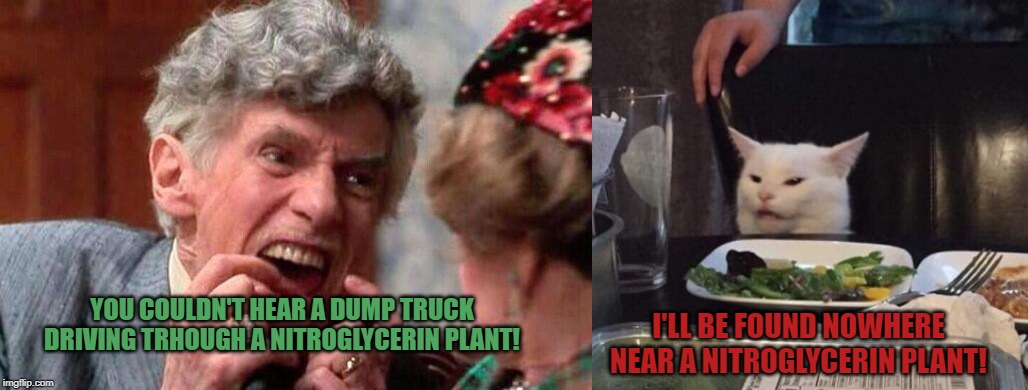 YOU COULDN'T HEAR A DUMP TRUCK DRIVING TRHOUGH A NITROGLYCERIN PLANT! I'LL BE FOUND NOWHERE NEAR A NITROGLYCERIN PLANT! | image tagged in uncle louis christmas vacation,salad cat | made w/ Imgflip meme maker