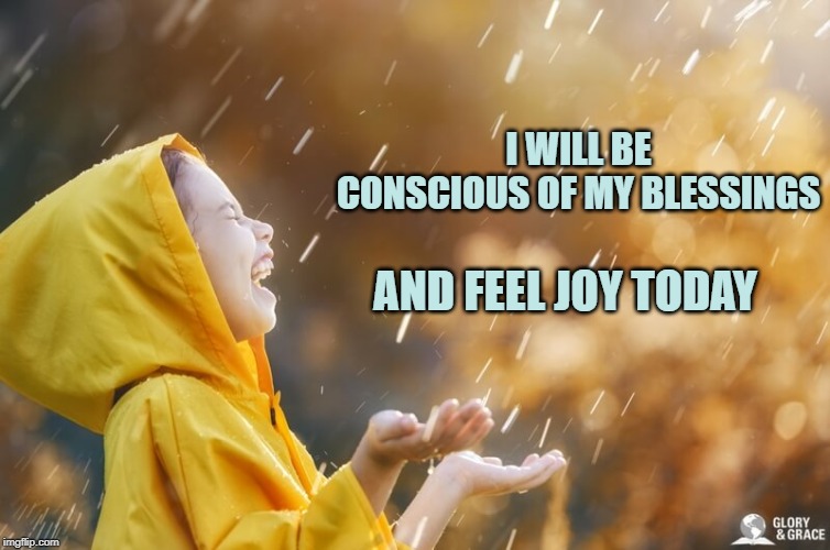 I WILL BE CONSCIOUS OF MY BLESSINGS; AND FEEL JOY TODAY | image tagged in blessings,joy | made w/ Imgflip meme maker