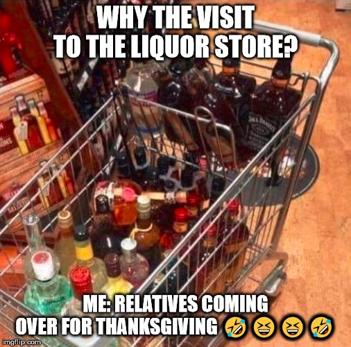 Happy Holidays | WHY THE VISIT TO THE LIQUOR STORE? ME: RELATIVES COMING OVER FOR THANKSGIVING 🤣😆😆🤣 | image tagged in happy holidays | made w/ Imgflip meme maker