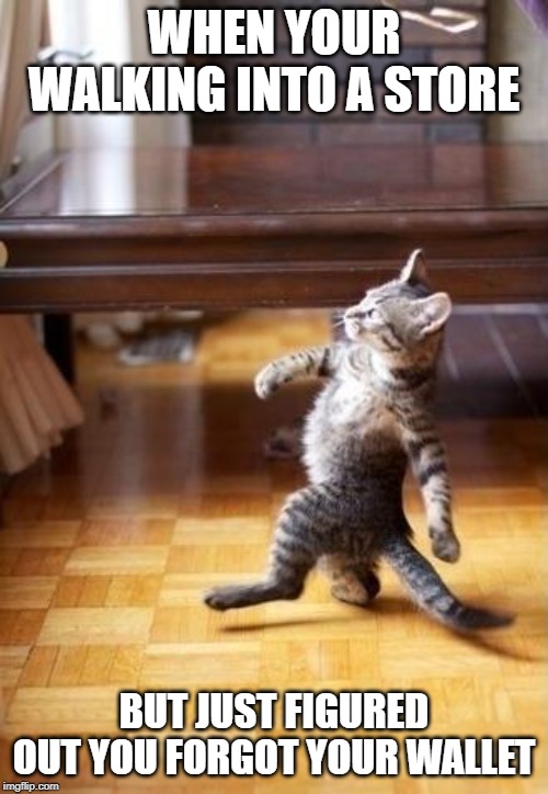 Cool Cat Stroll Meme | WHEN YOUR WALKING INTO A STORE; BUT JUST FIGURED OUT YOU FORGOT YOUR WALLET | image tagged in memes,cool cat stroll | made w/ Imgflip meme maker