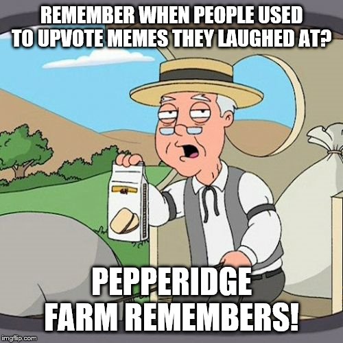 Pepperidge Farm Remembers | REMEMBER WHEN PEOPLE USED TO UPVOTE MEMES THEY LAUGHED AT? PEPPERIDGE FARM REMEMBERS! | image tagged in memes,pepperidge farm remembers | made w/ Imgflip meme maker