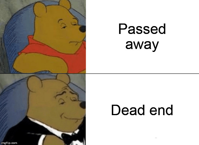 Tuxedo Winnie The Pooh Meme | Passed away; Dead end | image tagged in tuxedo winnie the pooh,heaven,death,cemetery,buried | made w/ Imgflip meme maker