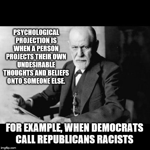 Freud calls it as it is | PSYCHOLOGICAL PROJECTION IS WHEN A PERSON PROJECTS THEIR OWN UNDESIRABLE THOUGHTS AND BELIEFS ONTO SOMEONE ELSE. FOR EXAMPLE, WHEN DEMOCRATS CALL REPUBLICANS RACISTS | image tagged in sigmund freud sorry but,projection,racist,democrats,double standard | made w/ Imgflip meme maker