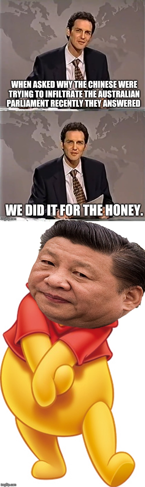 WHEN ASKED WHY THE CHINESE WERE TRYING TO INFILTRATE THE AUSTRALIAN PARLIAMENT RECENTLY THEY ANSWERED; WE DID IT FOR THE HONEY. | image tagged in weekend update with norm,china,china is ashole,political meme | made w/ Imgflip meme maker
