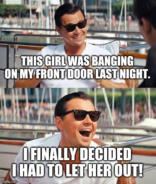 Leonardo Dicaprio Wolf Of Wall Street Meme | THIS GIRL WAS BANGING ON MY FRONT DOOR LAST NIGHT. I FINALLY DECIDED I HAD TO LET HER OUT! | image tagged in memes,leonardo dicaprio wolf of wall street | made w/ Imgflip meme maker