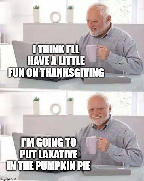 Hide the Pain Harold | I THINK I'LL HAVE A LITTLE FUN ON THANKSGIVING; I'M GOING TO PUT LAXATIVE IN THE PUMPKIN PIE | image tagged in hide the pain harold,thanksgiving,pumpkin pie,poop,pooping,happy holidays | made w/ Imgflip meme maker