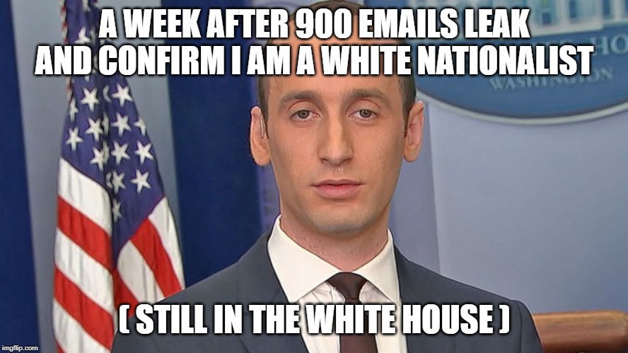 A WEEK AFTER 900 EMAILS LEAK AND CONFIRM I AM A WHITE NATIONALIST; ( STILL IN THE WHITE HOUSE ) | image tagged in miller,nazi,white nationalist | made w/ Imgflip meme maker