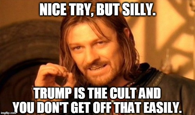 One Does Not Simply Meme | NICE TRY, BUT SILLY. TRUMP IS THE CULT AND YOU DON'T GET OFF THAT EASILY. | image tagged in memes,one does not simply | made w/ Imgflip meme maker