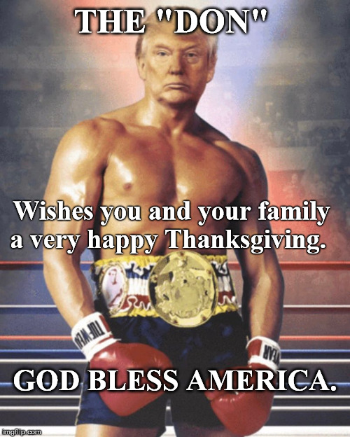 Thank you America for being Awesome! | THE "DON"; Wishes you and your family a very happy Thanksgiving. GOD BLESS AMERICA. | image tagged in thanksgiving,america,donald trump,god bless america | made w/ Imgflip meme maker