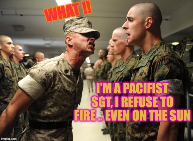 drill sergeant | WHAT !! I’M A PACIFIST SGT, I REFUSE TO FIRE .. EVEN ON THE SUN | image tagged in drill sergeant | made w/ Imgflip meme maker