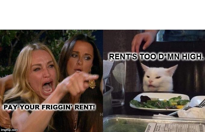 Woman Yelling At Cat | RENT'S TOO D*MN HIGH. PAY YOUR FRIGGIN' RENT! | image tagged in memes,woman yelling at cat | made w/ Imgflip meme maker