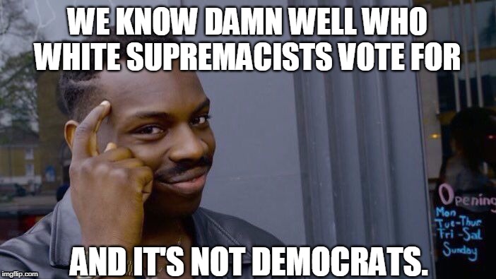 Roll Safe Think About It Meme | WE KNOW DAMN WELL WHO WHITE SUPREMACISTS VOTE FOR AND IT'S NOT DEMOCRATS. | image tagged in memes,roll safe think about it | made w/ Imgflip meme maker