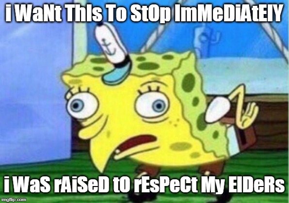 Mocking Spongebob Meme | i WaNt ThIs To StOp ImMeDiAtElY; i WaS rAiSeD tO rEsPeCt My ElDeRs | image tagged in memes,mocking spongebob | made w/ Imgflip meme maker