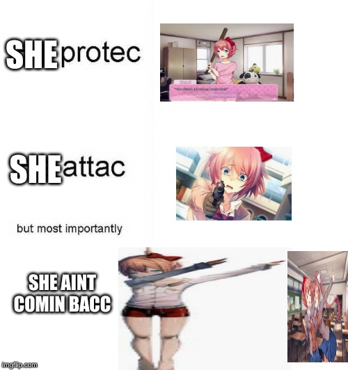 He protec he attac but most importantly | SHE; SHE; SHE AINT COMIN BACC | image tagged in he protec he attac but most importantly | made w/ Imgflip meme maker