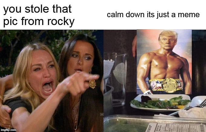 Woman Yelling At Cat | you stole that pic from rocky; calm down its just a meme | image tagged in memes,woman yelling at cat | made w/ Imgflip meme maker