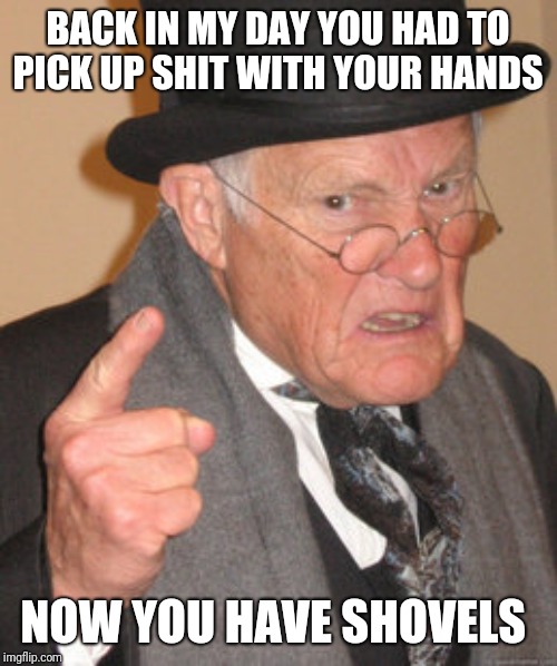 Back In My Day Meme | BACK IN MY DAY YOU HAD TO PICK UP SHIT WITH YOUR HANDS; NOW YOU HAVE SHOVELS | image tagged in memes,back in my day | made w/ Imgflip meme maker