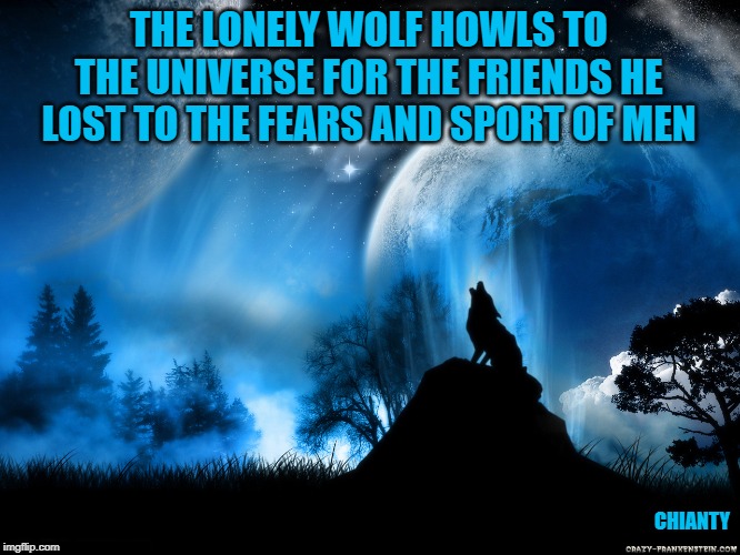 Lonely Wolf | THE LONELY WOLF HOWLS TO THE UNIVERSE FOR THE FRIENDS HE LOST TO THE FEARS AND SPORT OF MEN; CHIANTY | image tagged in fear | made w/ Imgflip meme maker