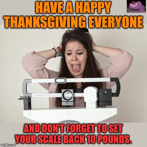 To all my imgflip fiends, and my haters too. | HAVE A HAPPY THANKSGIVING EVERYONE; AND DON'T FORGET TO SET YOUR SCALE BACK 10 POUNDS. | image tagged in women on scale | made w/ Imgflip meme maker