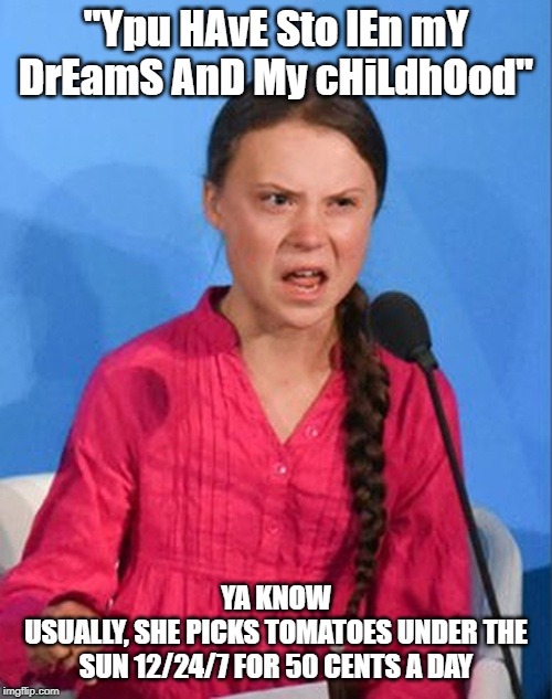 Greta Thunberg how dare you | "Ypu HAvE Sto lEn mY DrEamS AnD My cHiLdhOod"; YA KNOW
USUALLY, SHE PICKS TOMATOES UNDER THE SUN 12/24/7 FOR 50 CENTS A DAY | image tagged in greta thunberg how dare you | made w/ Imgflip meme maker