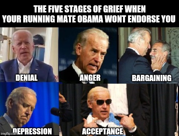 The Five Stages Of Grief | THE FIVE STAGES OF GRIEF WHEN YOUR RUNNING MATE OBAMA WONT ENDORSE YOU; BARGAINING; DENIAL; ANGER; DEPRESSION; ACCEPTANCE | image tagged in barack obama,joe biden,election 2020,government corruption,backstabber,crooked | made w/ Imgflip meme maker