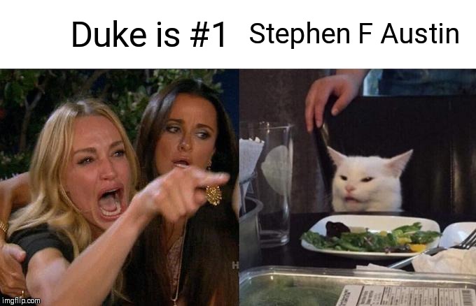 Woman Yelling At Cat Meme | Duke is #1; Stephen F Austin | image tagged in memes,woman yelling at cat | made w/ Imgflip meme maker