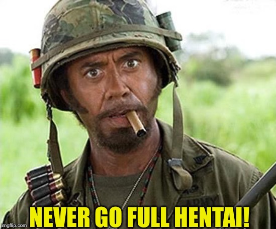 Robert Downey Jr Tropic Thunder | NEVER GO FULL HENTAI! | image tagged in robert downey jr tropic thunder | made w/ Imgflip meme maker