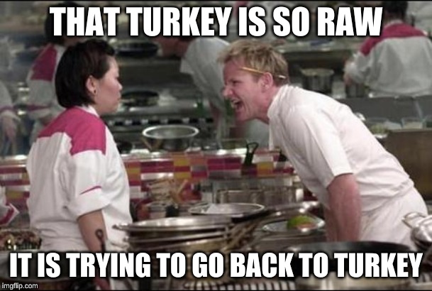 Angry Chef Gordon Ramsay | THAT TURKEY IS SO RAW; IT IS TRYING TO GO BACK TO TURKEY | image tagged in memes,angry chef gordon ramsay | made w/ Imgflip meme maker