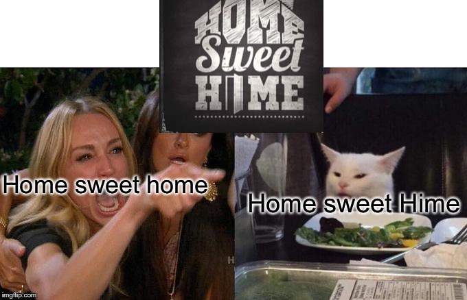 Woman Yelling At Cat | Home sweet home; Home sweet Hime | image tagged in memes,woman yelling at cat | made w/ Imgflip meme maker