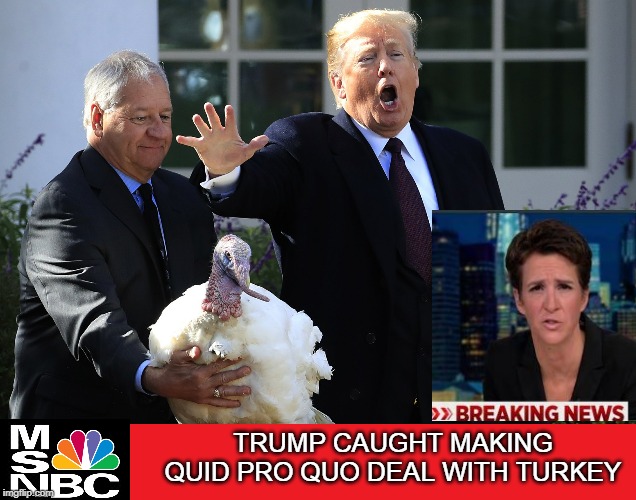 Trumpsgiving Scandal! | TRUMP CAUGHT MAKING QUID PRO QUO DEAL WITH TURKEY | image tagged in donald trump,thanksgiving,conservatives,politics,funny memes | made w/ Imgflip meme maker