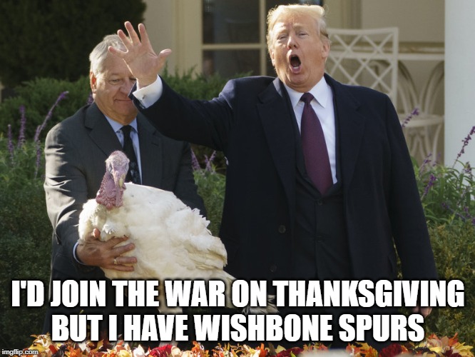 I'D JOIN THE WAR ON THANKSGIVING BUT I HAVE WISHBONE SPURS | image tagged in donald trump,war on thanksgiving,turkey,trump,stupid trump | made w/ Imgflip meme maker