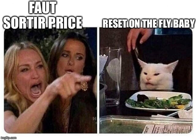 Cat at Dinner | FAUT SORTIR PRICE; RESET ON THE FLY BABY | image tagged in cat at dinner | made w/ Imgflip meme maker