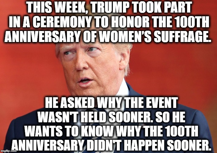 It's Called Cognitive Freefall. | THIS WEEK, TRUMP TOOK PART IN A CEREMONY TO HONOR THE 100TH ANNIVERSARY OF WOMEN’S SUFFRAGE. HE ASKED WHY THE EVENT WASN'T HELD SOONER. SO HE WANTS TO KNOW WHY THE 100TH ANNIVERSARY DIDN'T HAPPEN SOONER. | image tagged in donald trump,impeach trump,stupid,anniversary,stupid question,moron | made w/ Imgflip meme maker