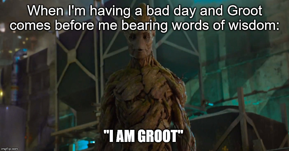 Groot Meme | When I'm having a bad day and Groot comes before me bearing words of wisdom:; "I AM GROOT" | image tagged in groot,i am groot,words of wisdom | made w/ Imgflip meme maker