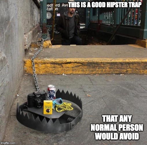 Hipster Trap | THIS IS A GOOD HIPSTER TRAP; THAT ANY NORMAL PERSON WOULD AVOID | image tagged in trap,hipster,memes | made w/ Imgflip meme maker