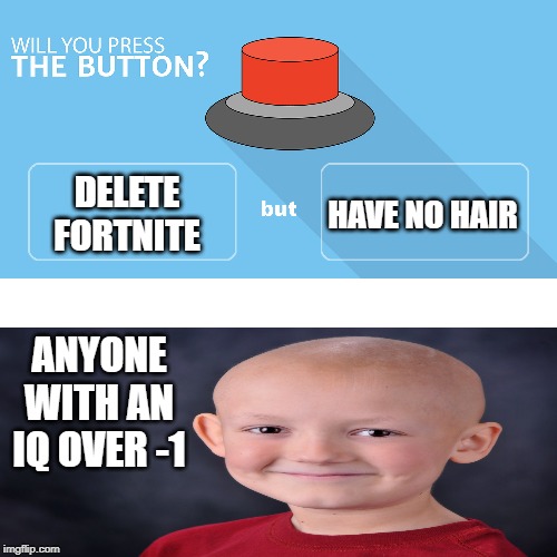 Would you press the button? | DELETE FORTNITE; HAVE NO HAIR; ANYONE WITH AN IQ OVER -1 | image tagged in would you press the button | made w/ Imgflip meme maker