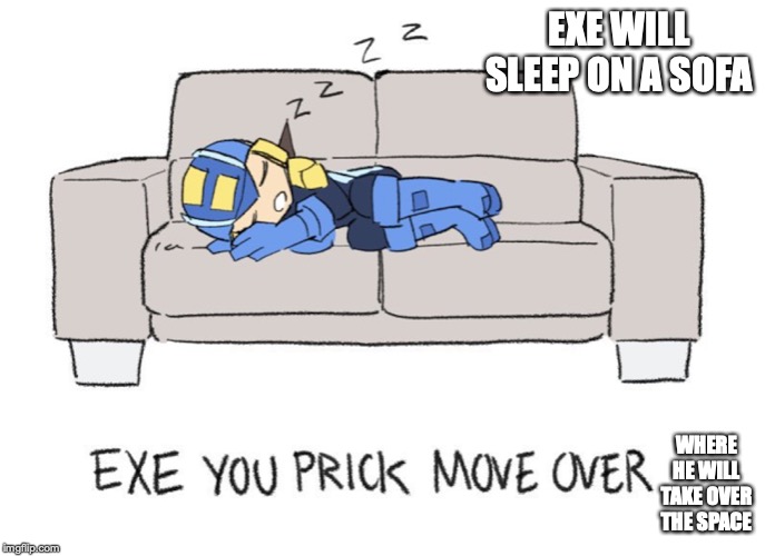 EXE on Sofa | EXE WILL SLEEP ON A SOFA; WHERE HE WILL TAKE OVER THE SPACE | image tagged in sofa,megaman nt warrior,megaman,memes | made w/ Imgflip meme maker