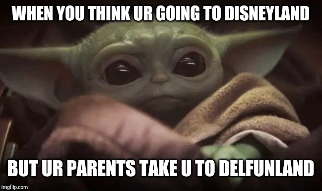 Baby Yoda | WHEN YOU THINK UR GOING TO DISNEYLAND; BUT UR PARENTS TAKE U TO DELFUNLAND | image tagged in baby yoda | made w/ Imgflip meme maker