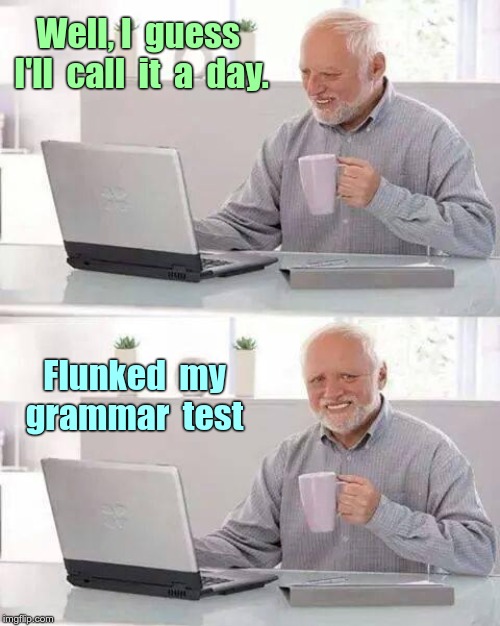 Yeah -- I Think Weird | Well, I  guess  I'll  call  it  a  day. Flunked  my
grammar  test | image tagged in memes,hide the pain harold,grammar,rick75230 | made w/ Imgflip meme maker
