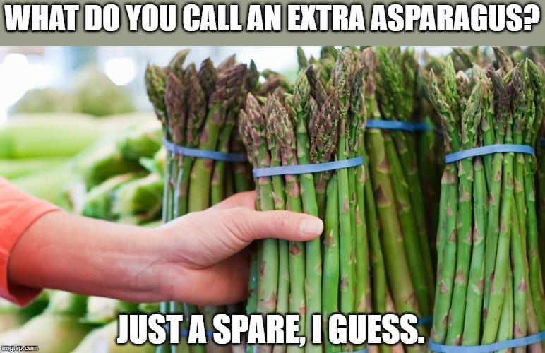 Just a spare | WHAT DO YOU CALL AN EXTRA ASPARAGUS? JUST A SPARE, I GUESS. | image tagged in asparagus,pun,food pun | made w/ Imgflip meme maker