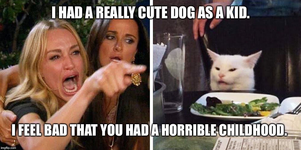 Smudge the cat | I HAD A REALLY CUTE DOG AS A KID. I FEEL BAD THAT YOU HAD A HORRIBLE CHILDHOOD. | image tagged in smudge the cat | made w/ Imgflip meme maker