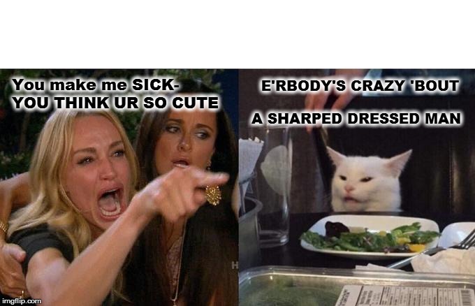 Woman Yelling At Cat | E'RBODY'S CRAZY 'BOUT 
          A SHARPED DRESSED MAN; You make me SICK- YOU THINK UR SO CUTE | image tagged in memes,woman yelling at cat | made w/ Imgflip meme maker